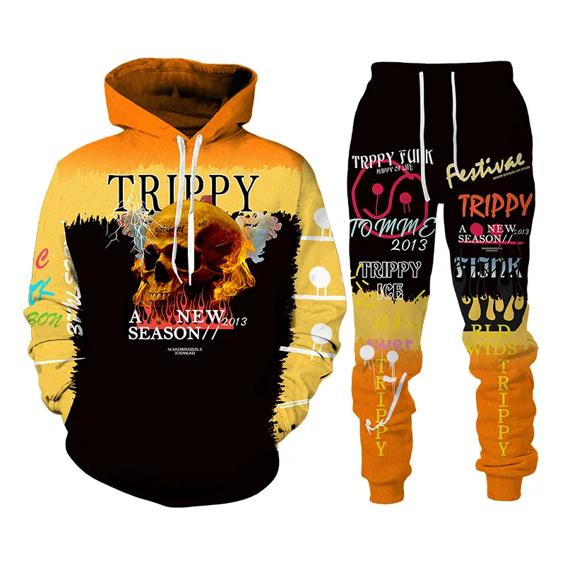 

Harajuku Hoodie Unisex 3d Psychedelic Skull Print Sweatshirt and Pant Set Workout Casual Men's Clothing Set