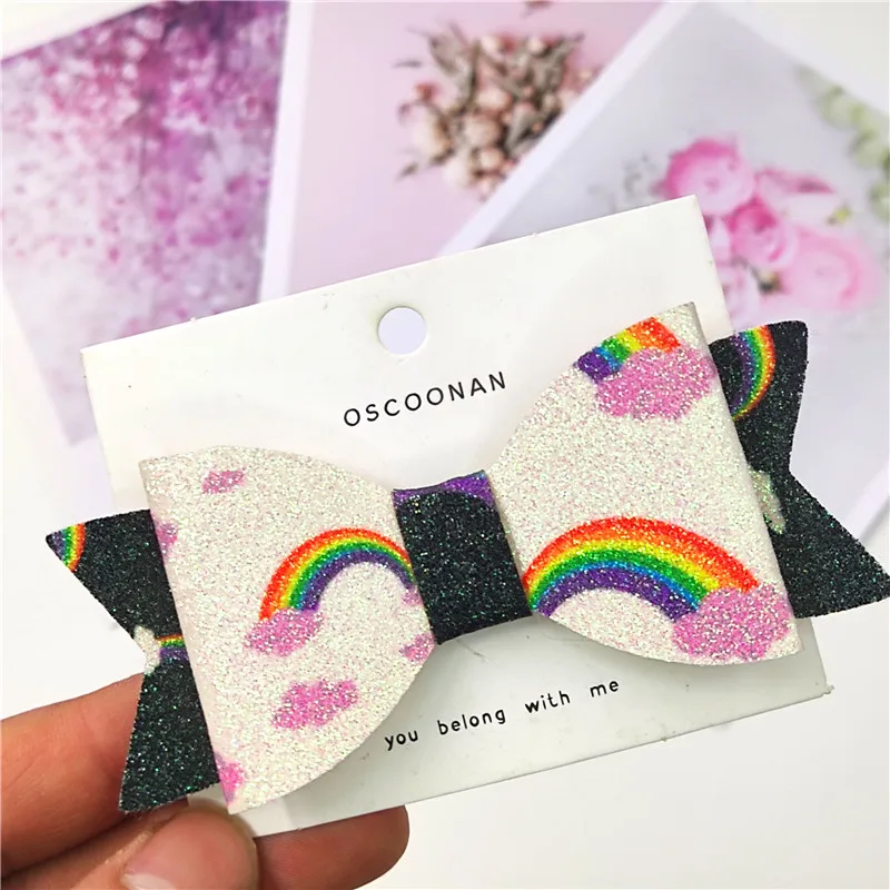 

1PCS Lovely Rainbow Leather Glitter 4 Inch Bow Elastic Hair Bands Hairpins Dance Party Sparkly Hair Accessories For Baby Girl