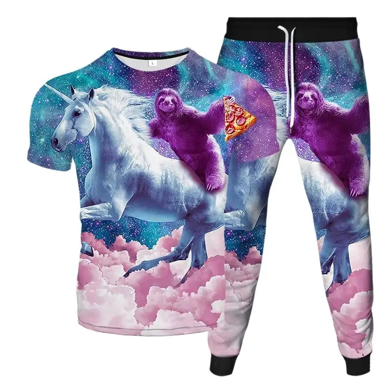 

Animal Unicorn Sloth Elephant Cloud Wild Boar Print Men Clothing Suit Summer T-Shirt Pants 2Pcs Set Tracksuit Outdoor Sportwear