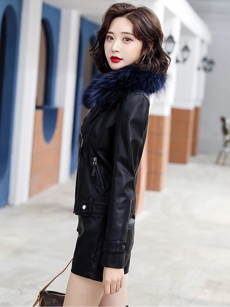 New Women Thicken Leather Jacket Autumn Winter Fashion Fox Fur Collar Plus Velvet Lining Slim Short Biker Coat Split Leather