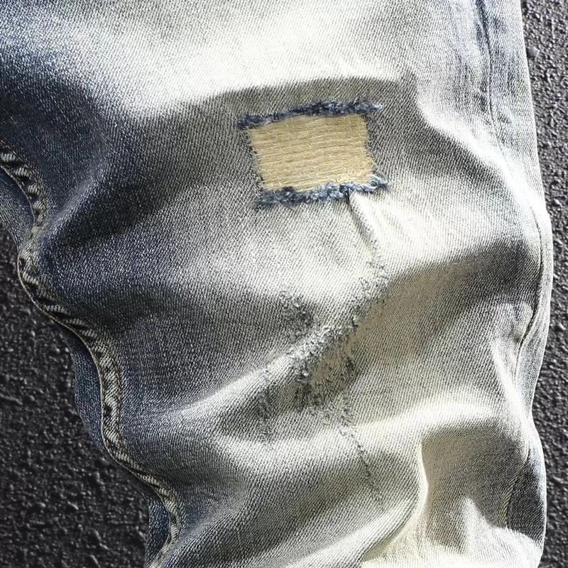 Newly Designer Fashion Men Jeans Retro Blue Elastic Stretch Slim Ripped Jeans Men Patchwork Vintage Casual Denim Pants Hombre