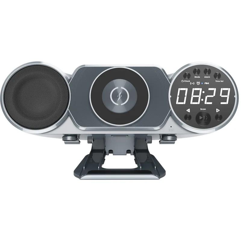 

2023 New Creative Desktop Bluetooth Speaker FM Radio 10W Wireless Charger Atmosphere Light Support TF Card AUX Clock With HD MIC