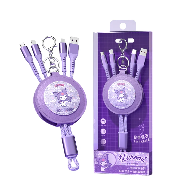 

Sanrio Kawaii Anime Kuromi Charging Data Cable Cinnamoroll Pachocco Mirror 66W 3-In-1 Portable Charging Cable for Iphone Typec