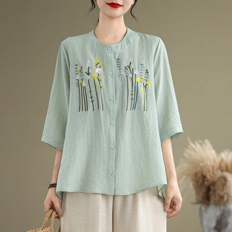 Женская Повседневная рубашка с цветочной вышивкой винтажная Свободная в