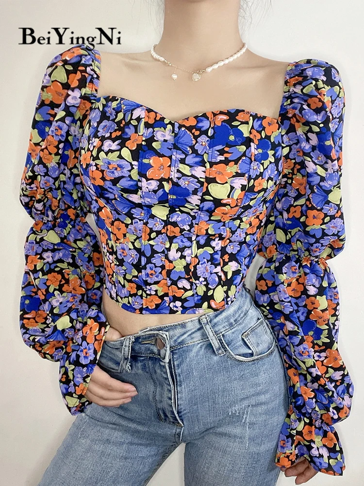 

Beiyingni весенне-осенние шифоновые женские блузки топы с цветочным принтом в стиле ретро сексуальный укороченный Топ с длинным рукавом блузы ж...