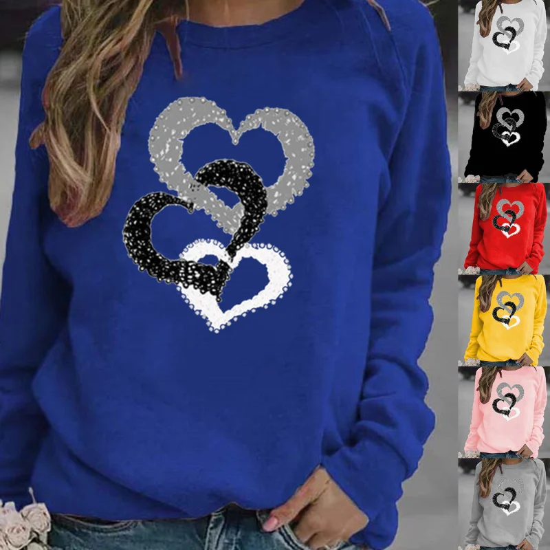 

Женская Весенняя толстовка с капюшоном, Повседневная Толстовка с принтом сердечек, топы с длинным рукавом, футболка, Женский пуловер с круг...