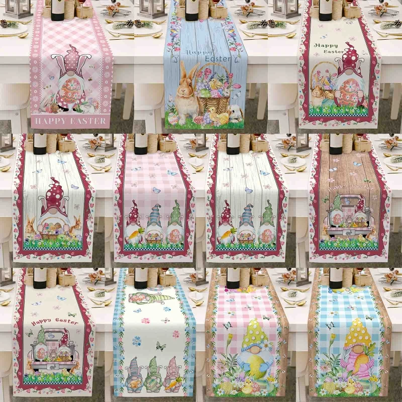 

Happy Easter Table Runner 13 x 70 Inch Bunny Gnomes Easter Eggs Tablecloth Decor