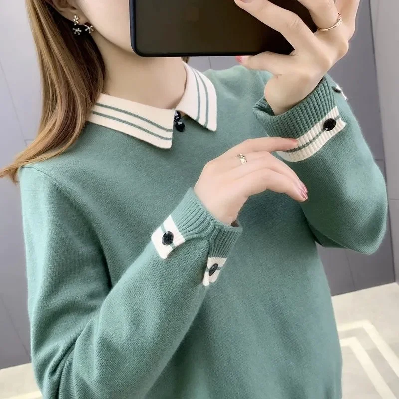 

2022 New Autumn Winter Bottoming Shirt Women's Lapel Coat Loose Joker Pullover Foreign Doll Collar Sweater Female Tops