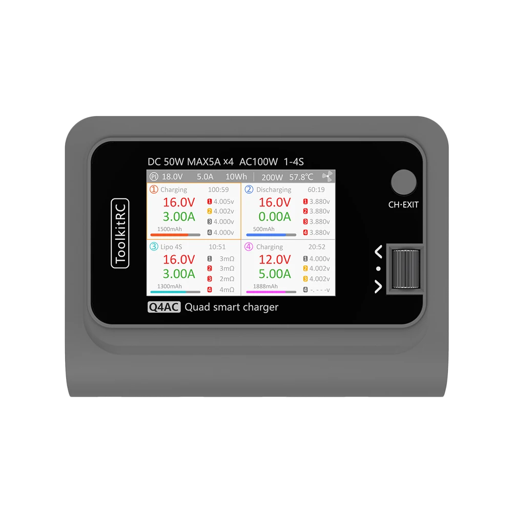 

ToolkitRC Q4AC 4 x 50W 5A 1-4S Lipo AC 100W DC Smart Lithium Battery Balance Charger with XT30 / XT60 Interface 4 Channel Output