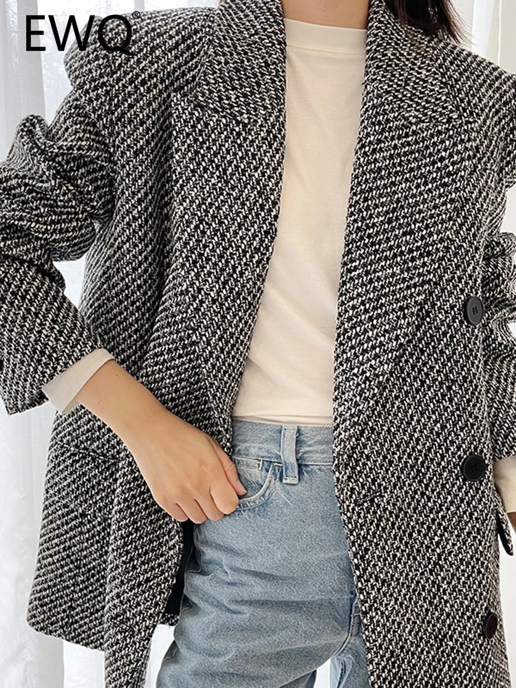 

EWQ Elegant Grid Design Tweed Blazer For Women Notched Double Breasted Long Sleeve Loose Female Jackets 2023 Spring New 26D2523