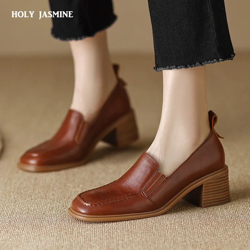 

Women Pumps Spring Summer Mature Office Ladies Dress High Quality Genuine Leather Thick Heels Shoes Woman Working Casual Shoes