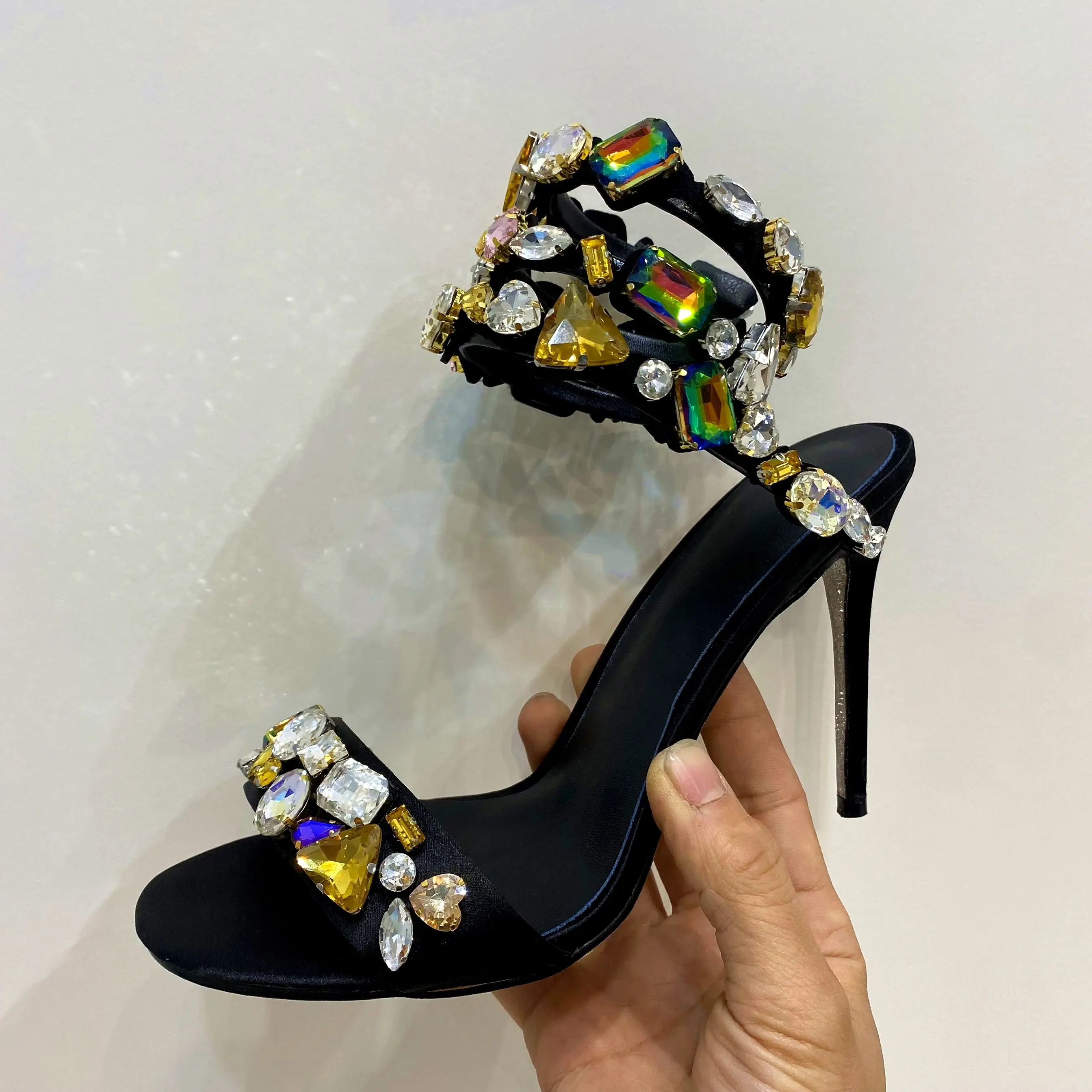 Summer Women's New Banquet Stiletto High-Heel Snake Shape Winding Band Colored Crystal Open Toe Round Head Lady Sexy Party Shoes