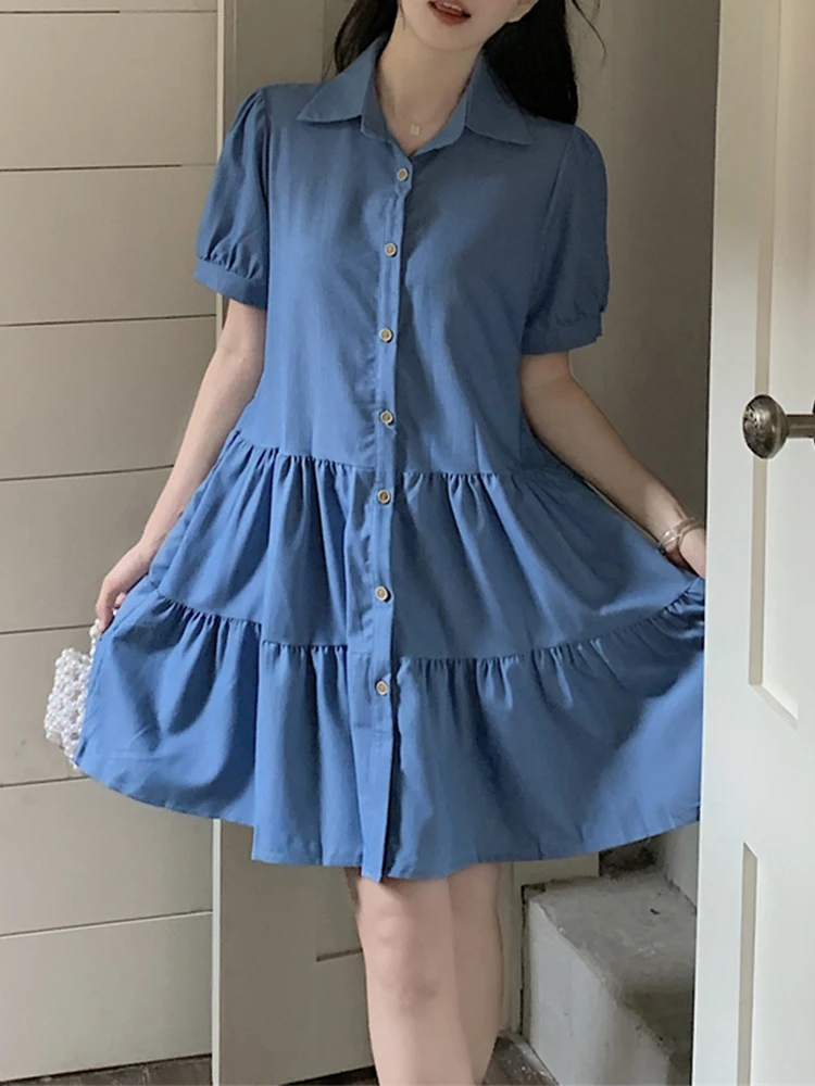 

LY VAREY LIN New Summer Women Fashion Single Breasted Denim Dress Lady Sweet Vintage Slim High Waist A-line Short Dresses