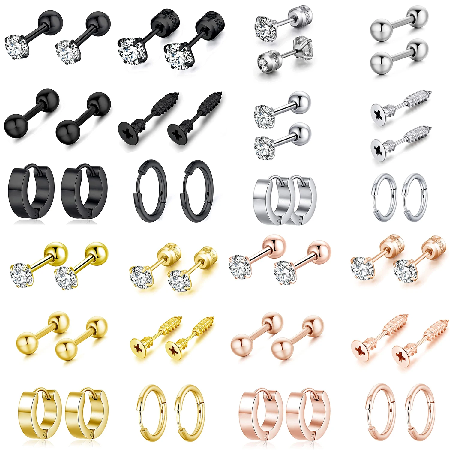 

6Pairs Dangle Earrings Stud Cool Stainless Steel Hoop Earrings for Men And Women Gold Silver Black Rose Gold