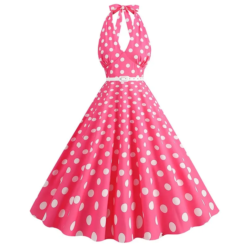 England Style Casual Summer Dress Women Pink Polka Dot Halter Retro Vintage Elegant Party Sundress