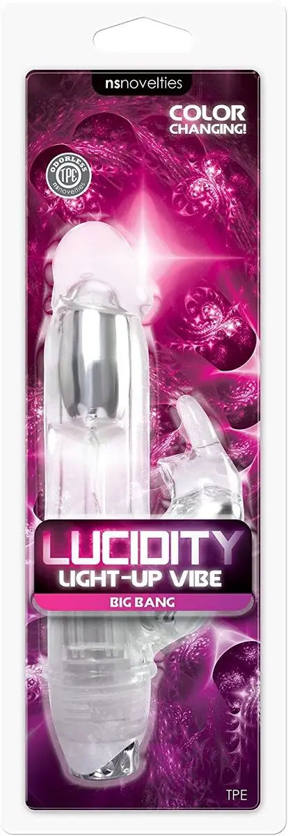 Прозрачный вибратор с клиторальным зайкой Lucidity Big Bang Light Up Vibe - 16 см. | Красота и