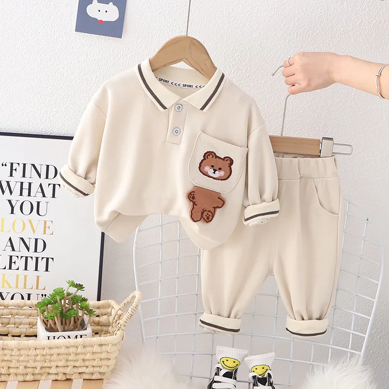 

Infant Baby Boys Outfits 2023 New Children's Polo Collar Kids Cute Cartoon Long Sleeve Tops Pants for Toddler Spring Fall Wear