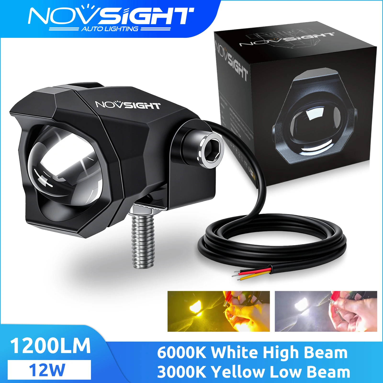 Фото Мотоциклетные противотуманные фары Novsight WL14, 6500K/3000K, двухцветные, 35W 3500LM, сверхъяркие, дальний и ближний свет №1