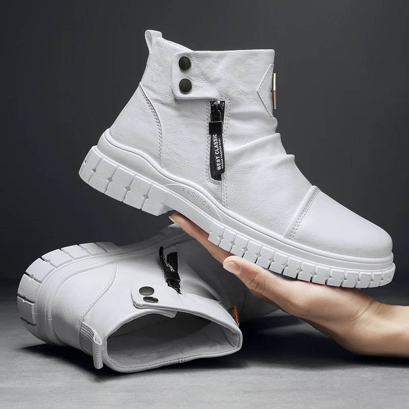 Boots Fashion High Top Shoes For Men Cowboy Casual Black Lea