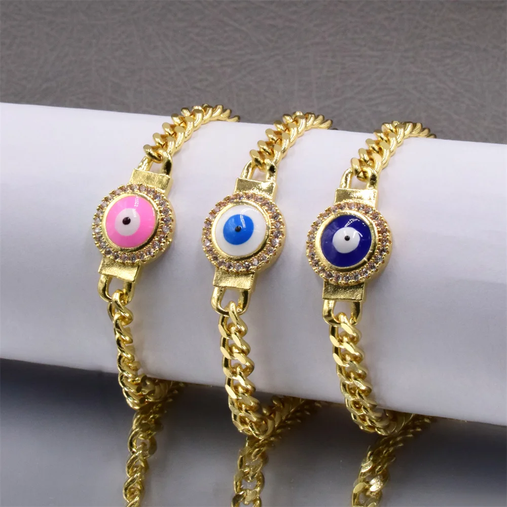 New Enamel Evil Eye Zircon Bracelet INS 6 Color Evil Eye Optional Simple Figaro Chain Gold Plated Bracelet Women Jewelry Gift