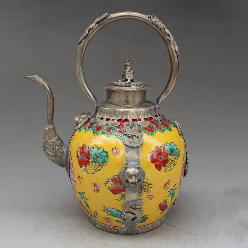 

Pure copper classical dragon and Phoenix porcelain teapot and wine pot, , exquisite pattern monkey cover kettle ornament