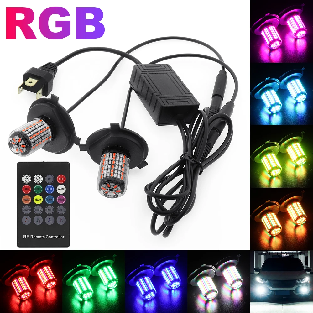 

2 шт., Автомобильные светодиодные лампы H4 9003 RGB