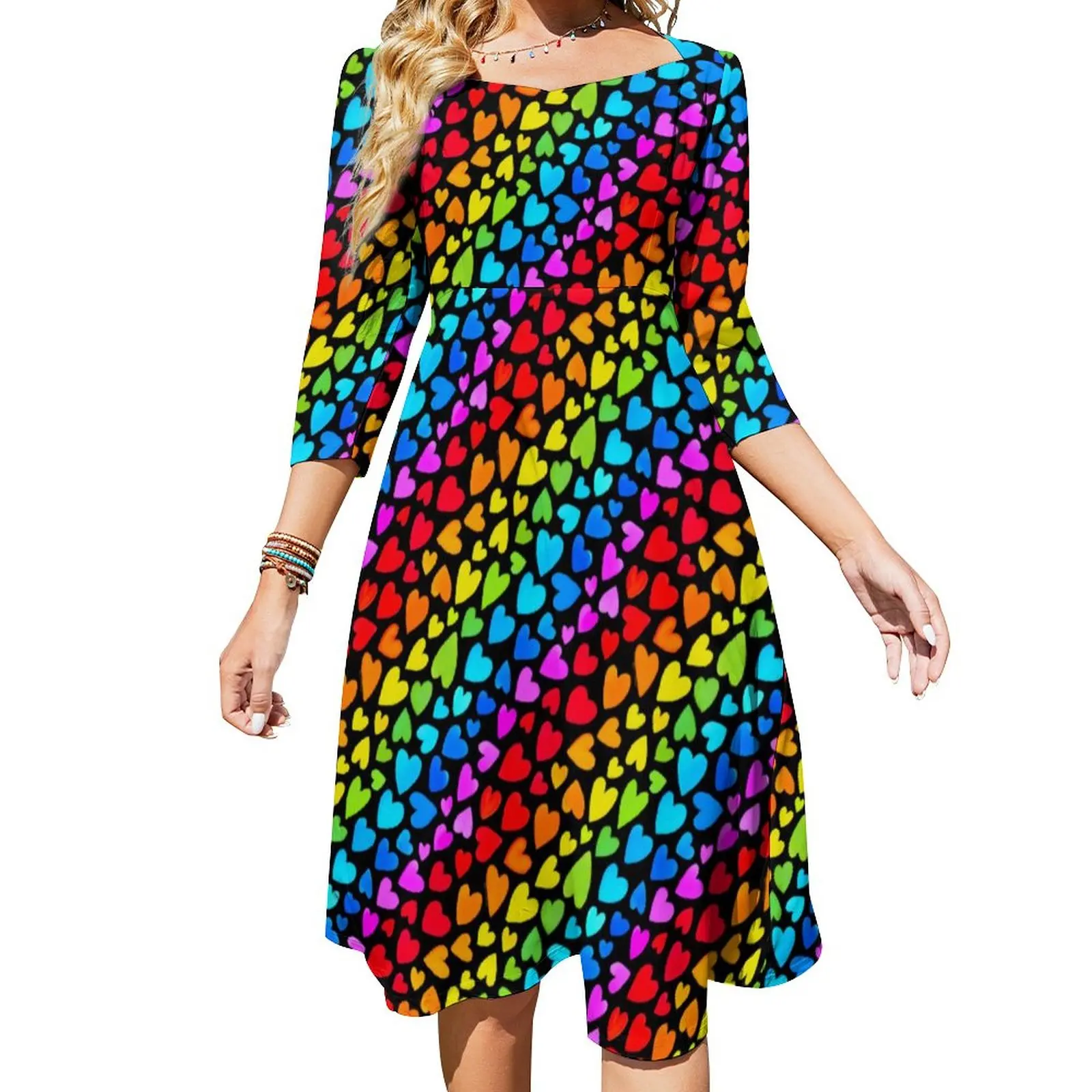 

Watercolor Heart Print Casual Dress Rainbow Hearts Kawaii Dresses Summer Sexy Square Collar Stylish Graphic Dress Big Size