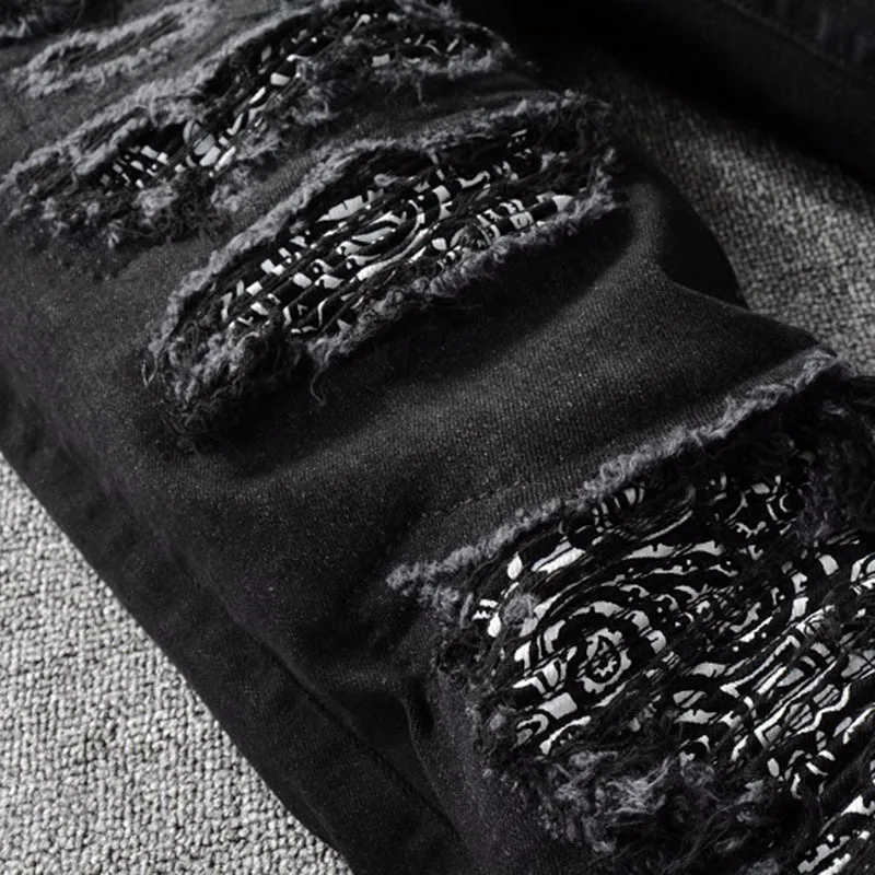 High Street Black High Street Jeans Mens Frayed Patch Small Leg Pants Streetwear Men