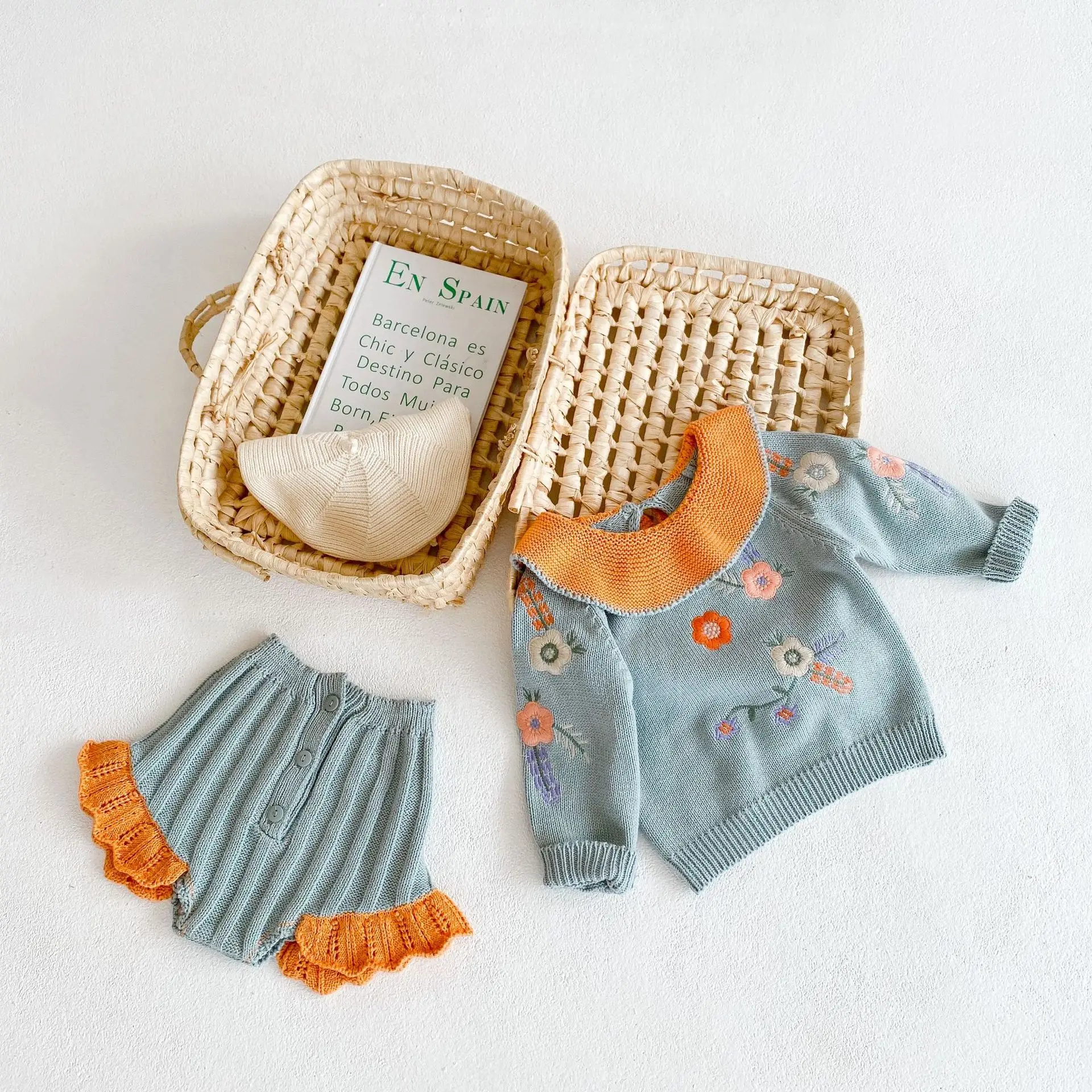 Ins New Born Baby Sweater Sets Sweater Pullovers Shorts Sets Knitting Wear Ruffle Jacquard Knit Sets Toddle Giral Sets 2022
