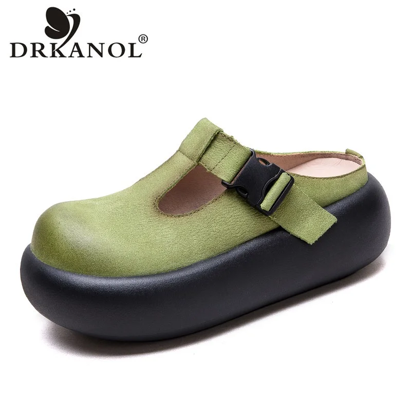 Фото DRKANOL/женские шлепанцы на платформе, летние туфли с открытой пяткой, повседневные шлепанцы из натуральной кожи с круглым носком на танкетке, увеличивающие рост каблука №1