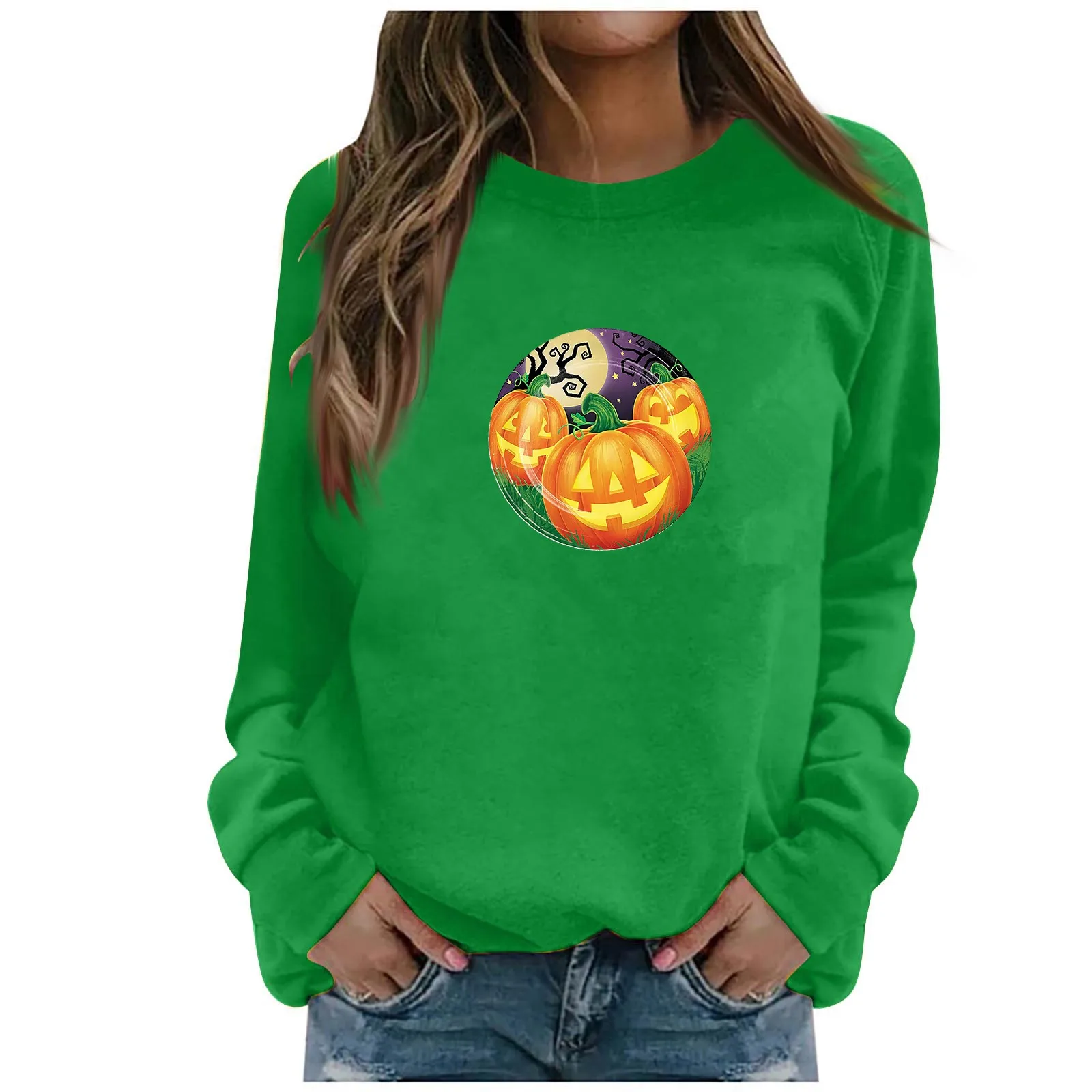 

Женская Повседневная модная футболка с принтом на Хэллоуин, свитшот с длинными рукавами и круглым вырезом, пуловер, костюм на Хэллоуин, женская футболка