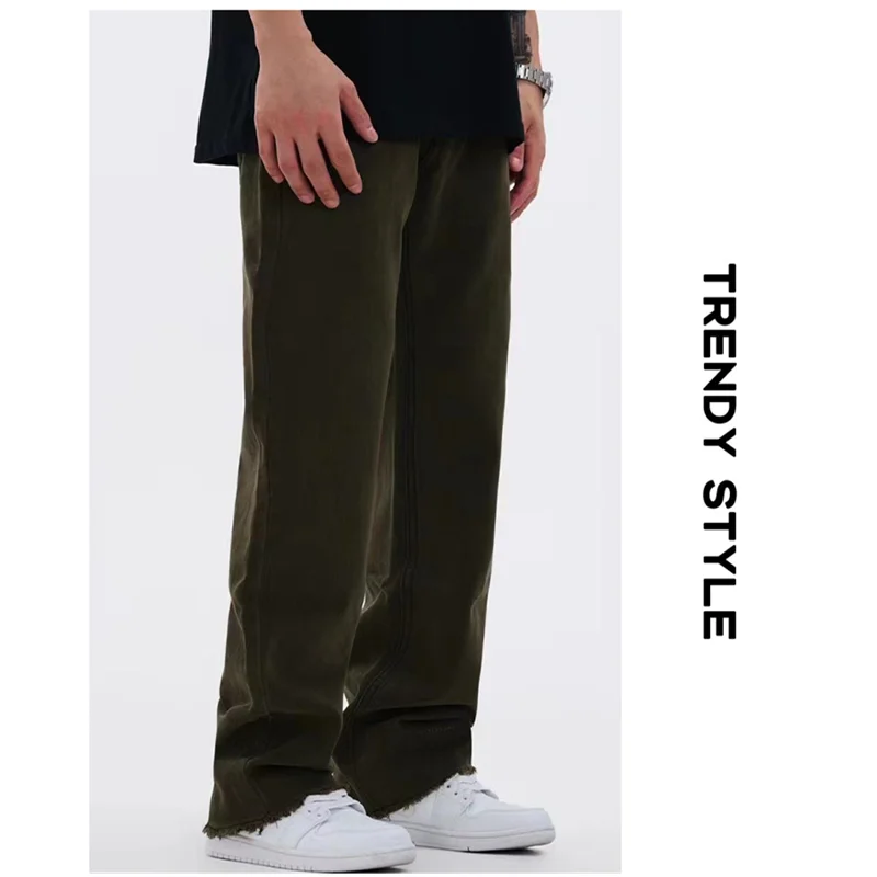 Streetwear Men Vintage Loose Military Green Jeans 2022 Autumn and Winter New Pattern Fashion Straight Cylinder Trousers Female