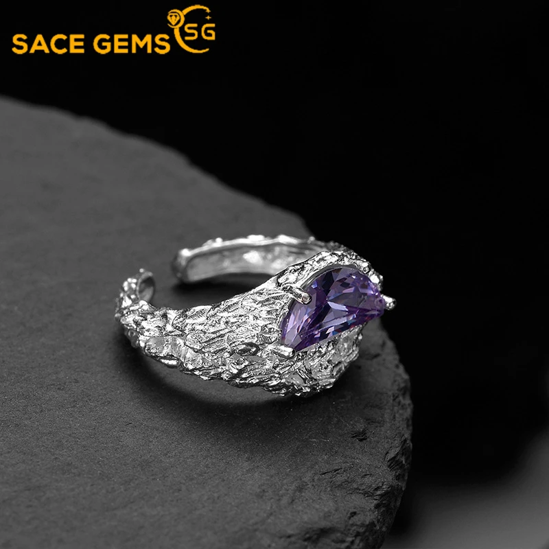 

SACE GEMS Rings for Women 100% S925 Sterling Silver Broken Texture INS Cold Wind Opening Moon Purple Zircon Index Finger Ring