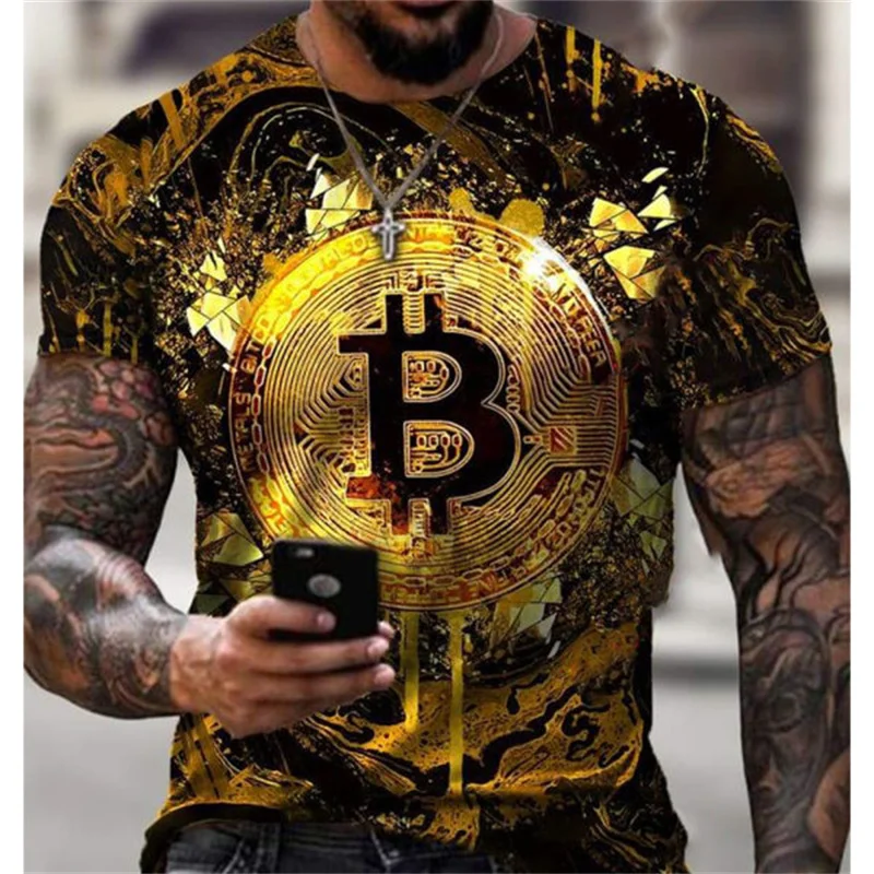 

2022 Summer Men's Oversized T-Shirt Retro 3D Bitcoin Print Fashion Casual Short Sleeve Street Personality Loose Top 6XL