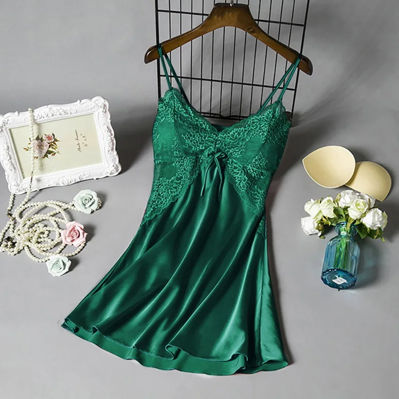 

2022 Pijamas Women V Neck Chemise Pajamas Sexy Lace Lingerie Satin Pajamas Lace Nightdress Silk Underwear Women Sleepwear Dress
