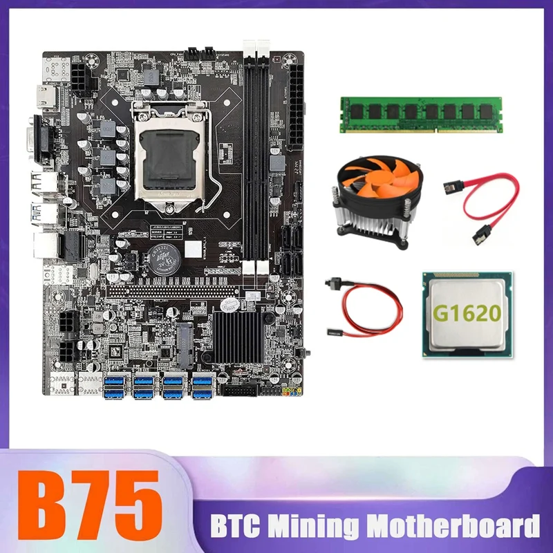 

B75 BTC Miner Motherboard 8XUSB+G1620 CPU+DDR3 8G 1600Mhz RAM+CPU Cooling Fan+Switch Cable+SATA Cable USB Motherboard