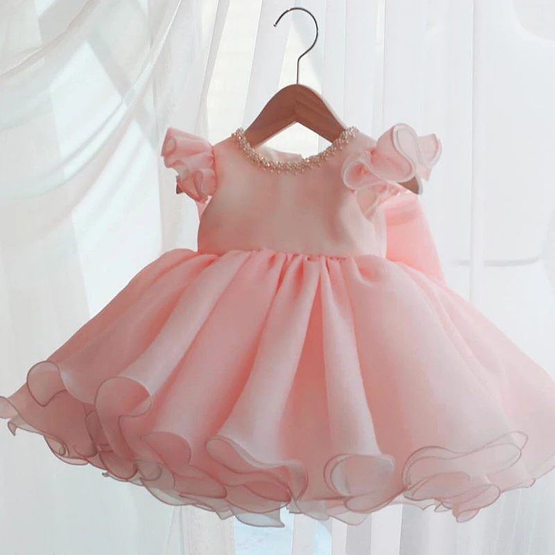 

2022 Pink Chlid Dress Beading First Birthday Dress For Baby Girl Ceremony Ball Gown Bow Princess Dress Wedding Party Dresses