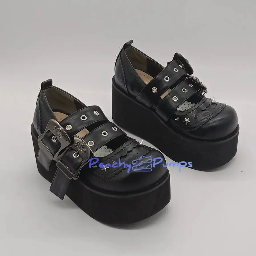 

Punk Skull Head Rivet Mary Jane Shoes Woman High Platform Double Belt Buckle High Heels 8cm Pumps Black Leather Round Toe Shoes