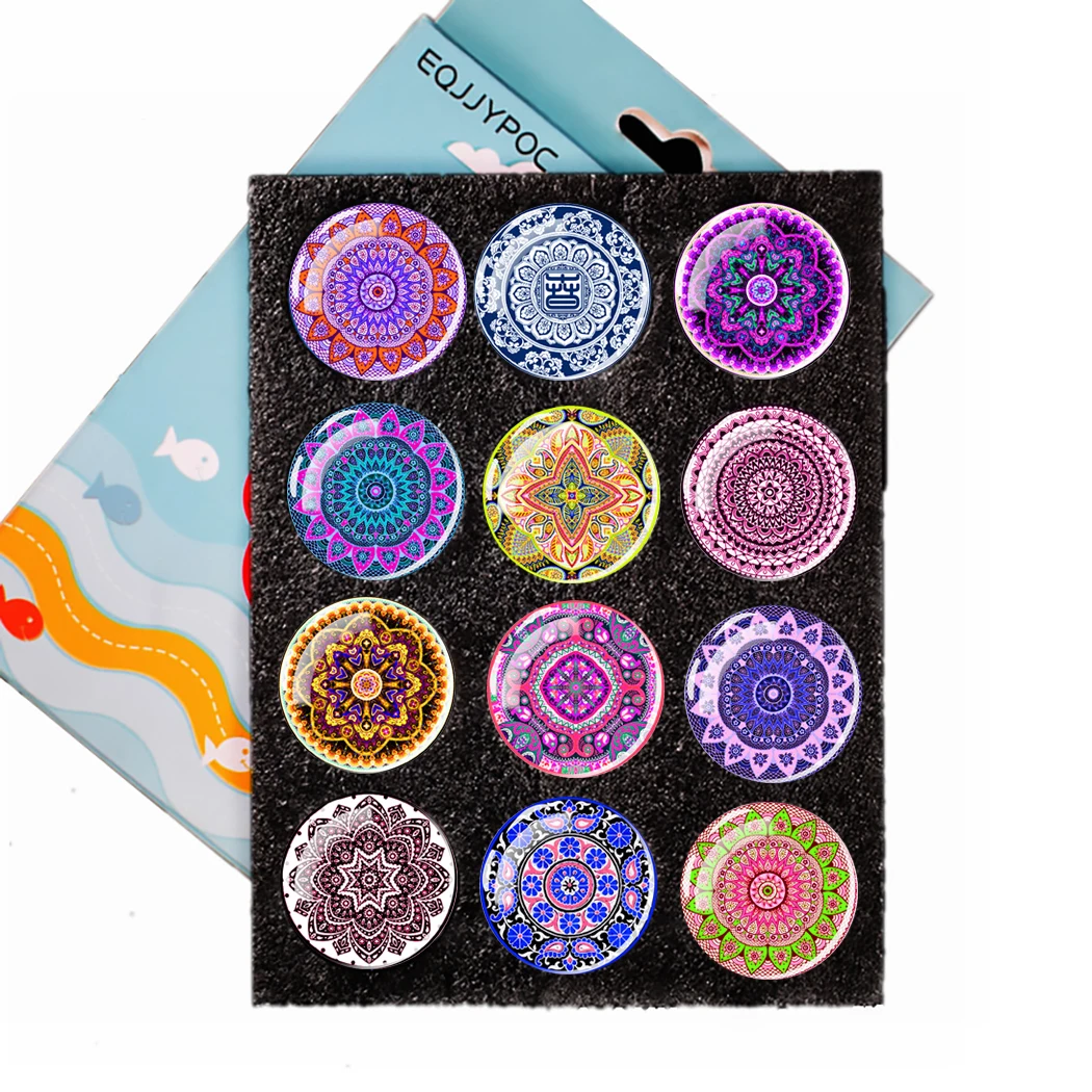 Retro Mandala flower Fridge Magnets datura Round Glass Magnetic Refrigerator Stickers Note Holder Home Accessories 12pcs 30mm