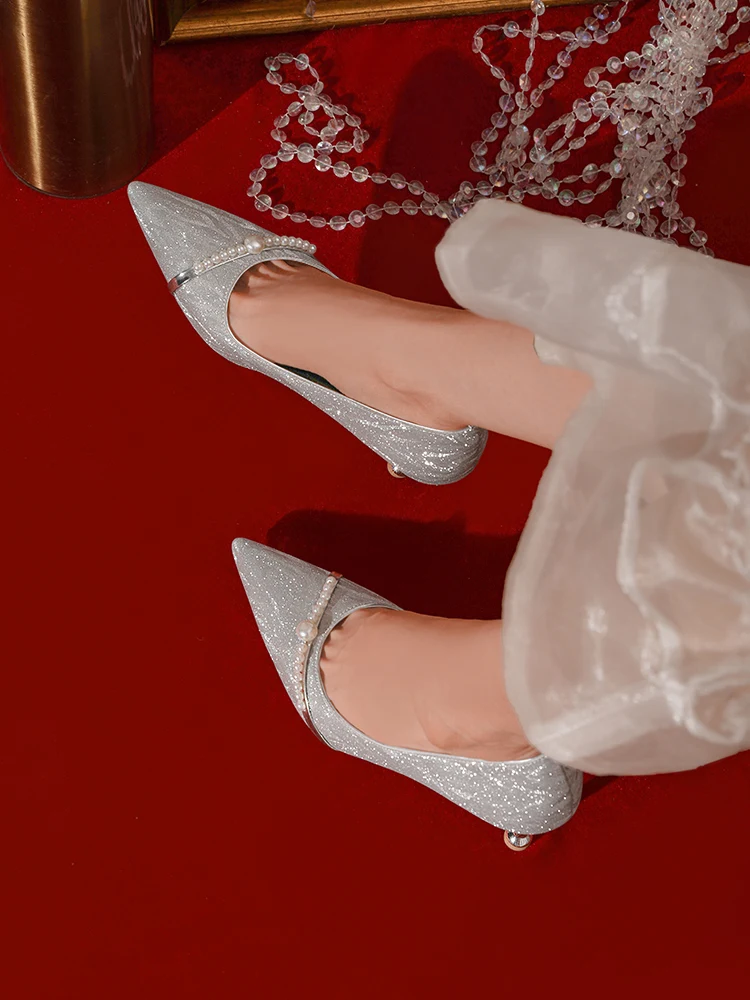 Crystal Shoes Wedding Shoes Main Wedding Shoes 2021 New Bride Shoes Golden Dress Shoes French Pearl High Heels Women's Shoes