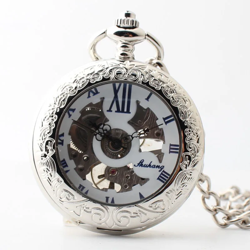 

15 Patterned 5PCS Luxury Vintage Mechanical Pocket Watch for Men Male Skeleton Steampunk Orologio Man Fob Chain Sliver Clock