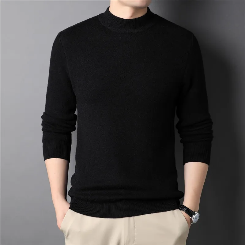 Autumn and Winter New Men Solid Color Half High Neck Long Sleeve Sweater Youth Slim Fit and Warm Imitation Wool Knitted Pullover