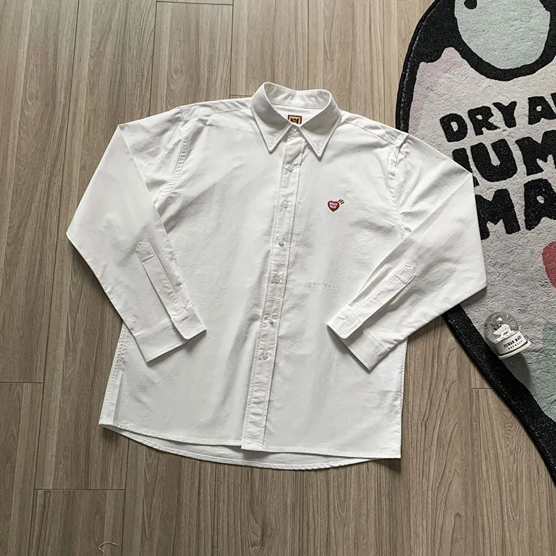 Human Made White Shirts Loose Casual Embroidered Heart Men Women 1:1 Long Sleeve Shirts