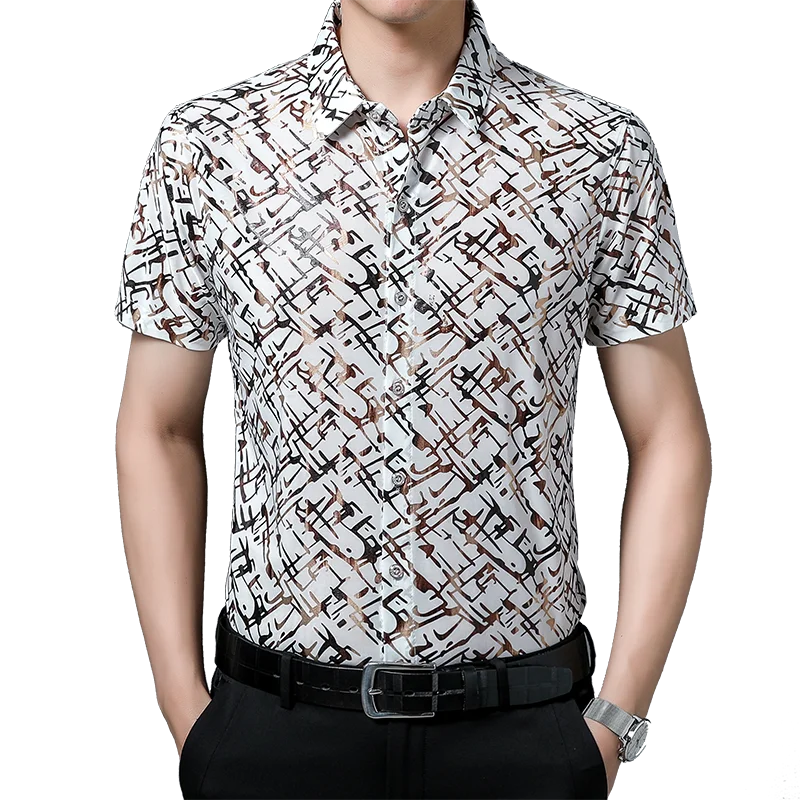 

Casual Printed Gilded Mens Shirts Quick Dry Summer Soft Thin Slim Luxury Short Sleeve Beachwear Shirt Homme Hawaiian Tops Lapels
