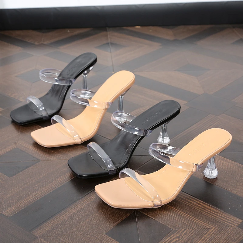

2022 New Women Sandals Strappy Mule Heels Sandals Slippers Women High Heels Flip Flops Square Toe Slides Party Shoes