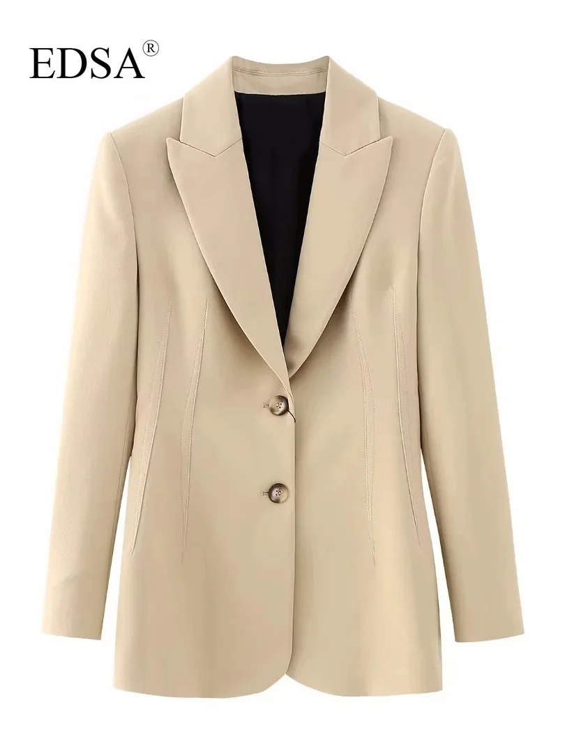 

EDSA Women Elegant Khaki Blazer With Seam Details For Office Lady Long Sleeves Shoulder Pads Single Breasted Jacket Coat