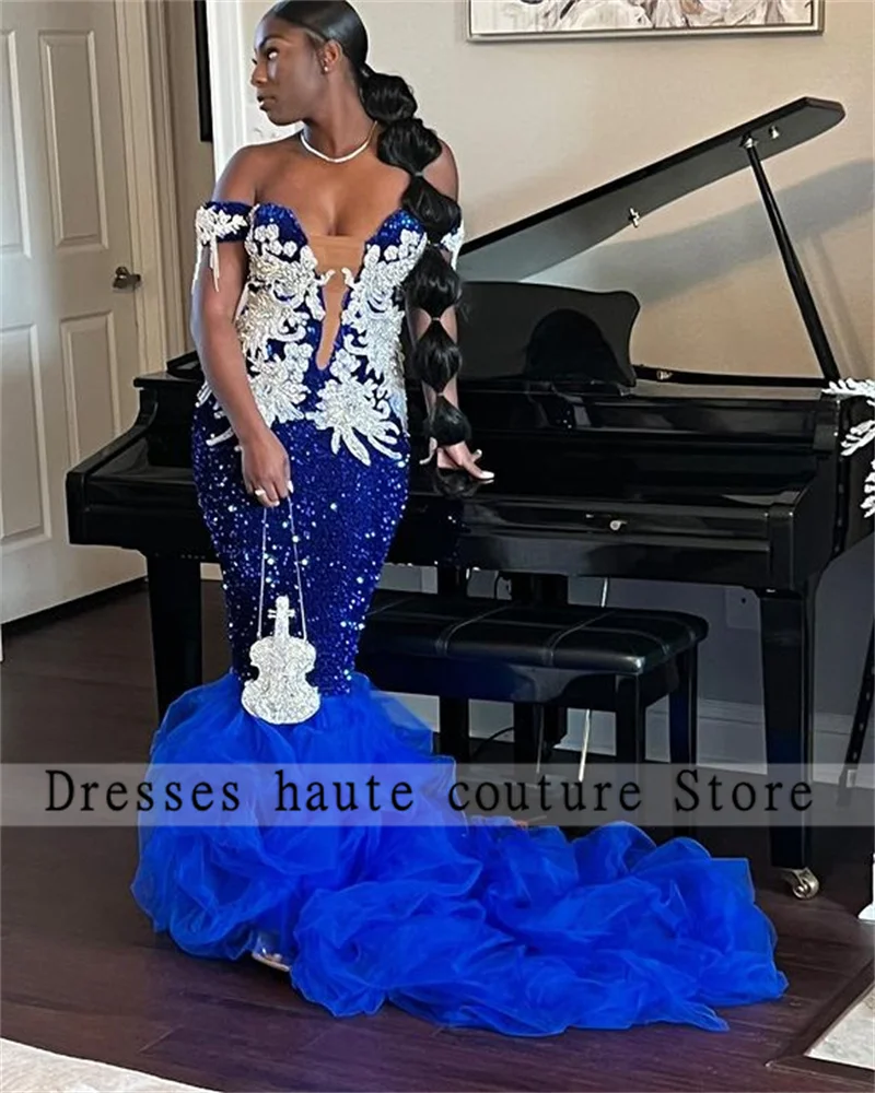 

Royal Blue Velvet Sliver Beaded Prom Dresses 2023 For Black Girls Mermaid Off Shoulder Birthday Dress Plus Size Evening Dresses