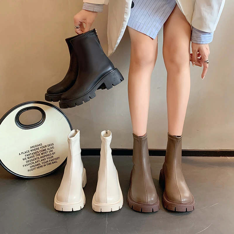 

Женские ботильоны с круглым носком, белые ботинки челси на молнии, прочные однотонные Ботильоны на средней резиновой подошве для осени, 2022