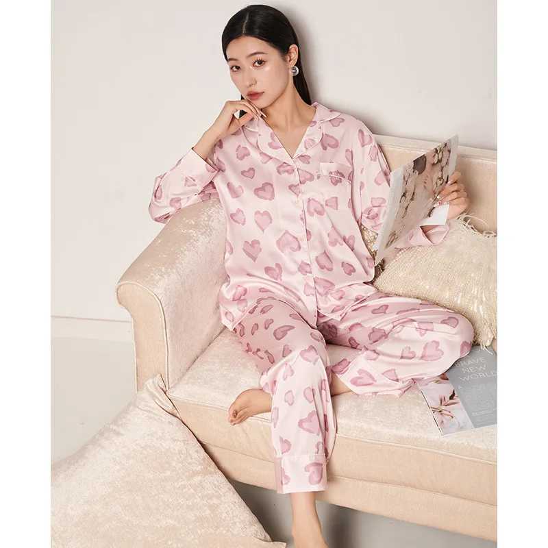 2023 New Arrival Spring and Autumn Peach Heart Sweet Ice Silk Pajamas Women's Long-Sleeved French Style Outerwear Home