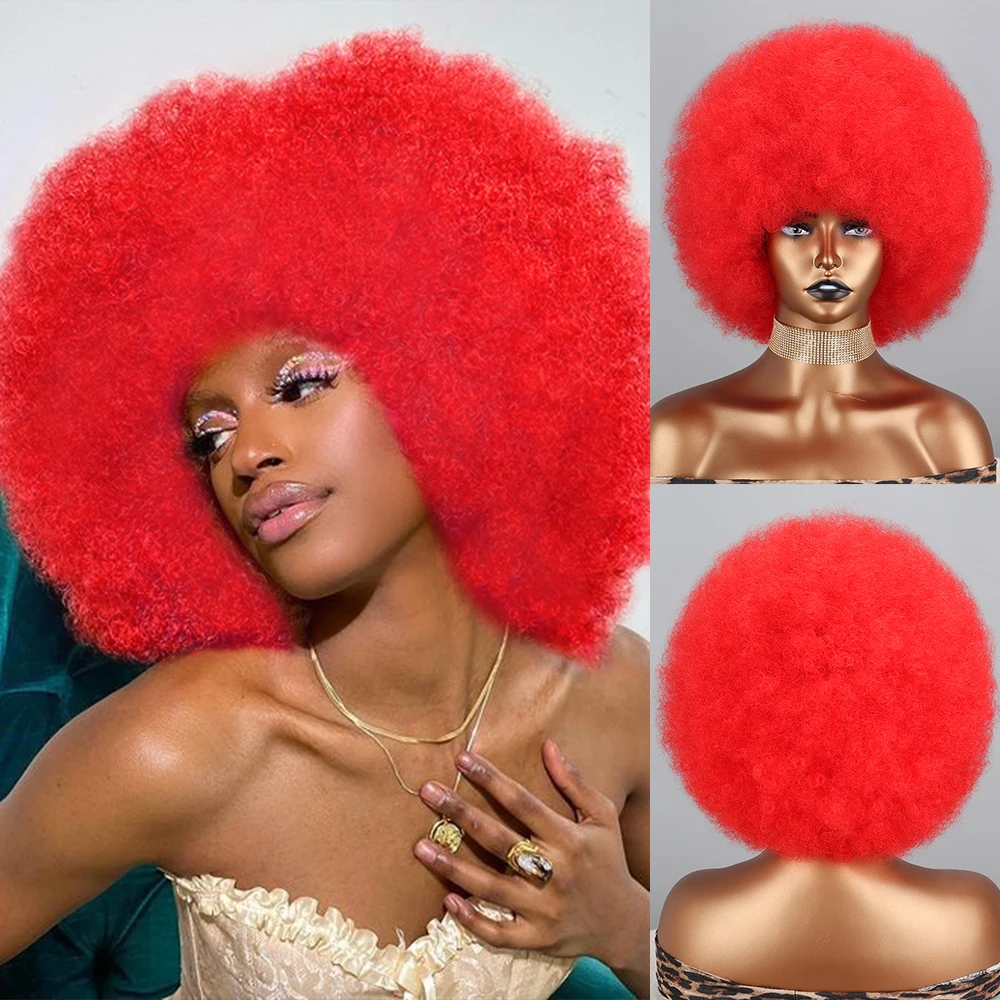 

Short Hair Afro Kinky Curly Wigs With Bangs For Black Women African Synthetic Ombre Glueless Cosplay Women Short Fluffy Red Wigs
